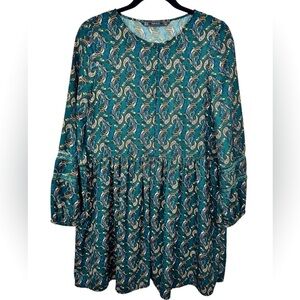 Zara Trafaluc long-sleeve babydoll dress Med Forest Green Paisley Moody Boho